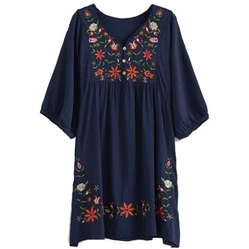 Kafeimali Summer Dress V Neck Mexican Embroidered Peasant Women's Dressy Tops Blouses (Navy Blue) - Image 1